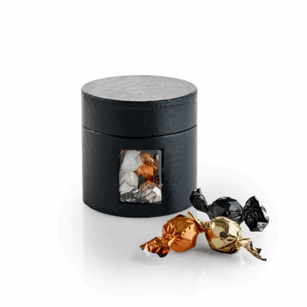 Rund Hatteæske i Sort - 250 g. Chokoladekugler