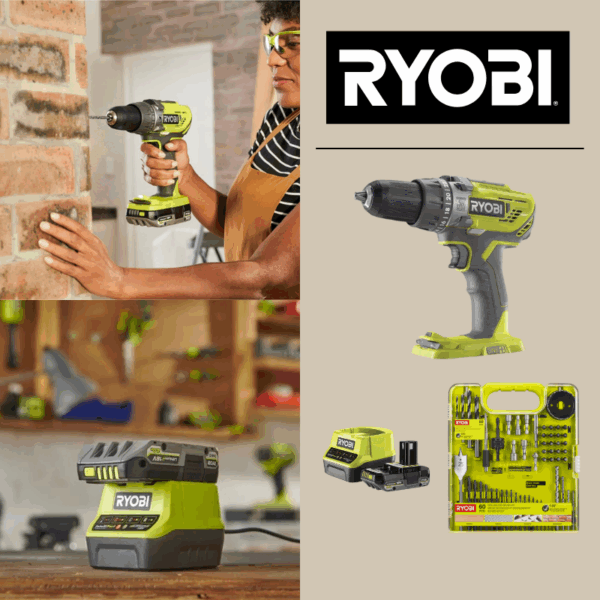 Bore-/skruemaskine med slag + 60 deles Bor- og bitssæt - Ryobi