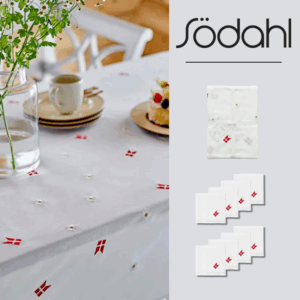Södahl Broderet Fødselsdagsdug 140 x 270 cm m. 8 Stofservietter